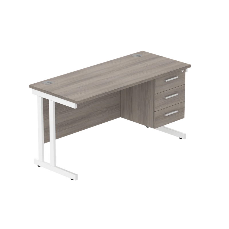 Rectangular Desk + 3 Drawer Fixed Pedestal, 1400 X 600 Alaskan Grey Oak White Learning SPACE