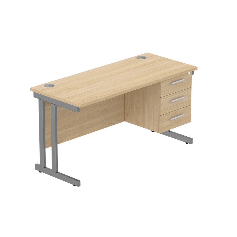 Rectangular Desk + 3 Drawer Fixed Pedestal, 1400 X 600 Canadian Oak Graphite Learning SPACE
