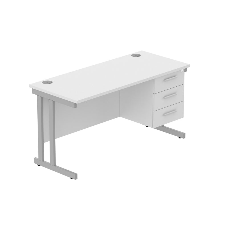Rectangular Desk + 3 Drawer Fixed Pedestal, 1400 X 600 Arctic White Silver Learning SPACE