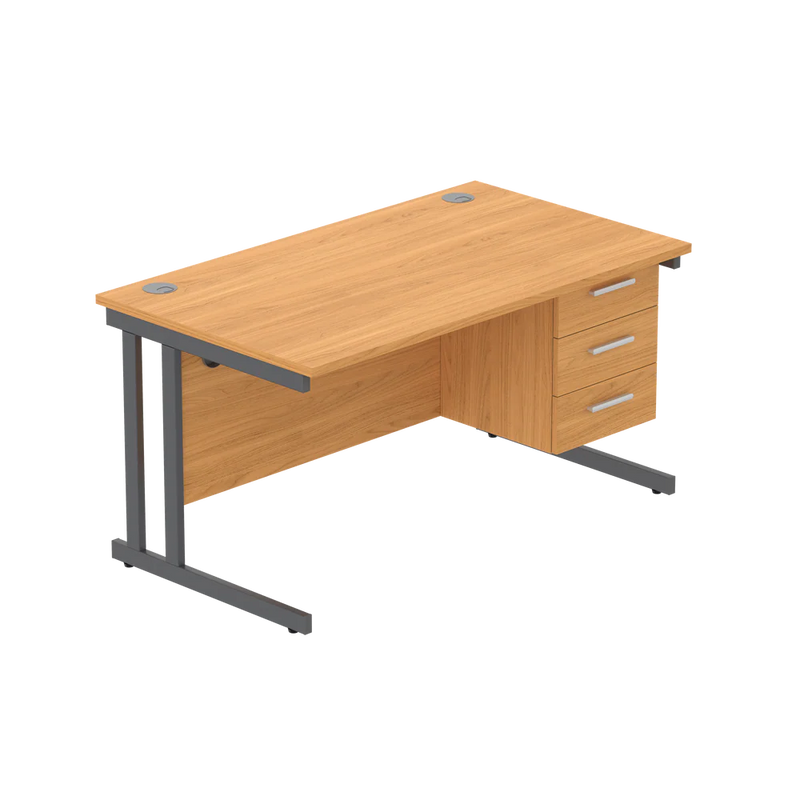 Rectangular Desk + 3 Drawer Fixed Pedestal, 1400 X 800 Norwegian Beech Graphite Learning SPACE