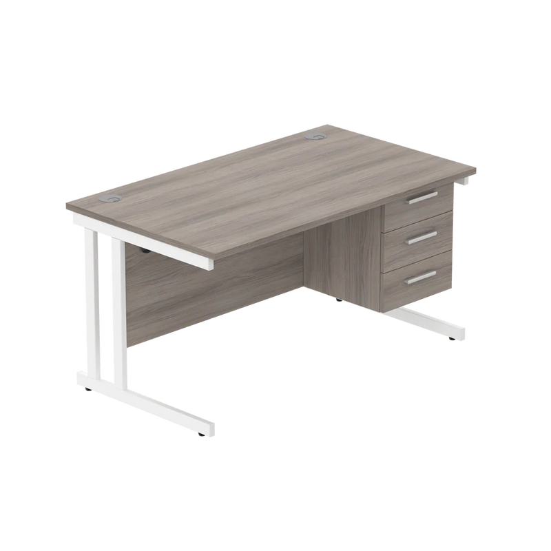 Rectangular Desk + 3 Drawer Fixed Pedestal, 1400 X 800 Alaskan Grey Oak White Learning SPACE