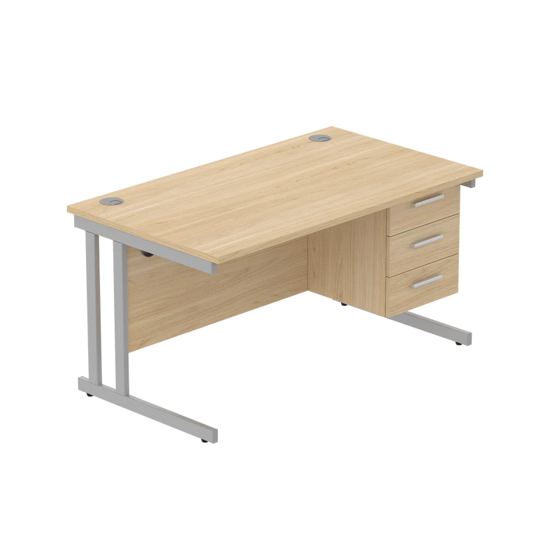 Rectangular Desk + 3 Drawer Fixed Pedestal, 1400 X 800 Canadian Oak Silver Learning SPACE