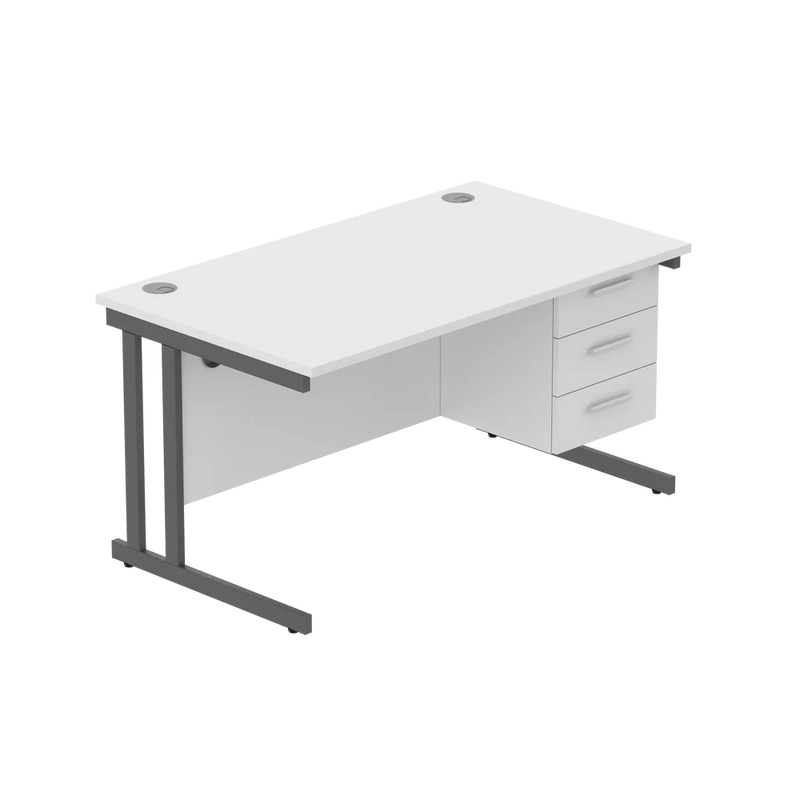 Rectangular Desk + 3 Drawer Fixed Pedestal, 1400 X 800 Arctic White Graphite Learning SPACE