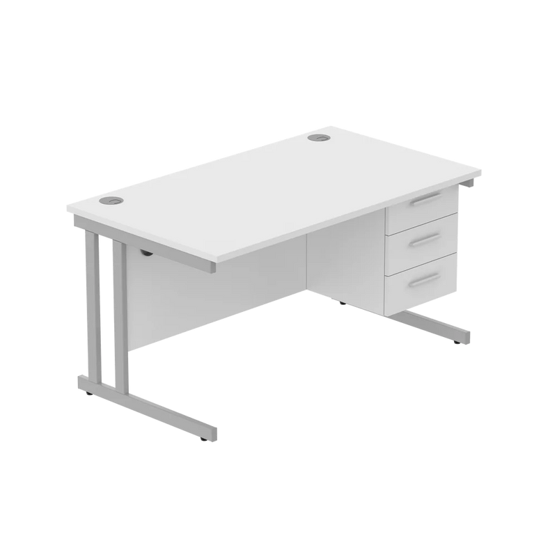 Rectangular Desk + 3 Drawer Fixed Pedestal, 1400 X 800 Arctic White Silver Learning SPACE