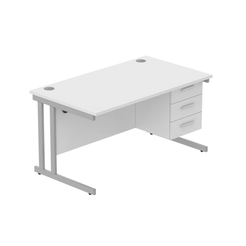 Rectangular Desk + 3 Drawer Fixed Pedestal, 1400 X 800 Arctic White Silver Learning SPACE