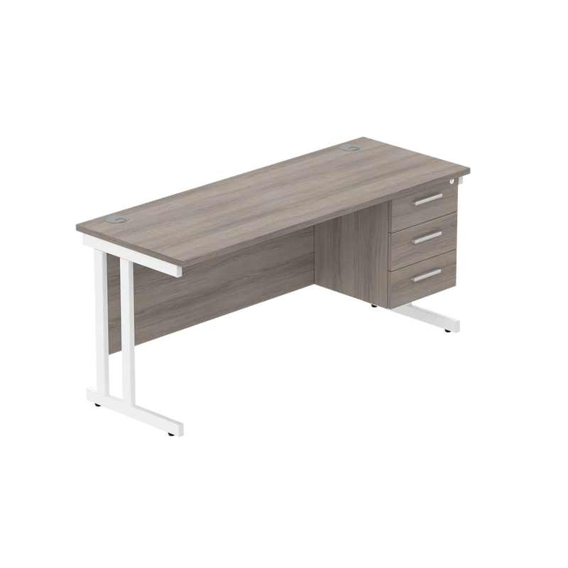 Rectangular Desk + 3 Drawer Fixed Pedestal, 1600 X 600 Alaskan Grey Oak White Learning SPACE