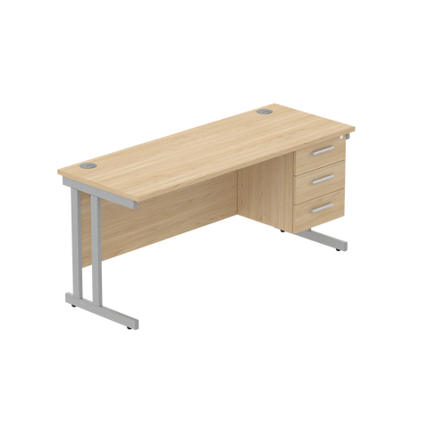 Rectangular Desk + 3 Drawer Fixed Pedestal, 1600 X 600 Canadian Oak Silver Learning SPACE