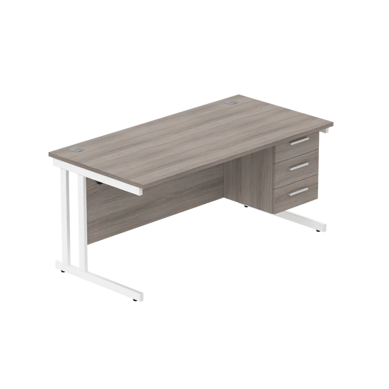 Rectangular Desk + 3 Drawer Fixed Pedestal, 1600 X 800 Alaskan Grey Oak White Learning SPACE