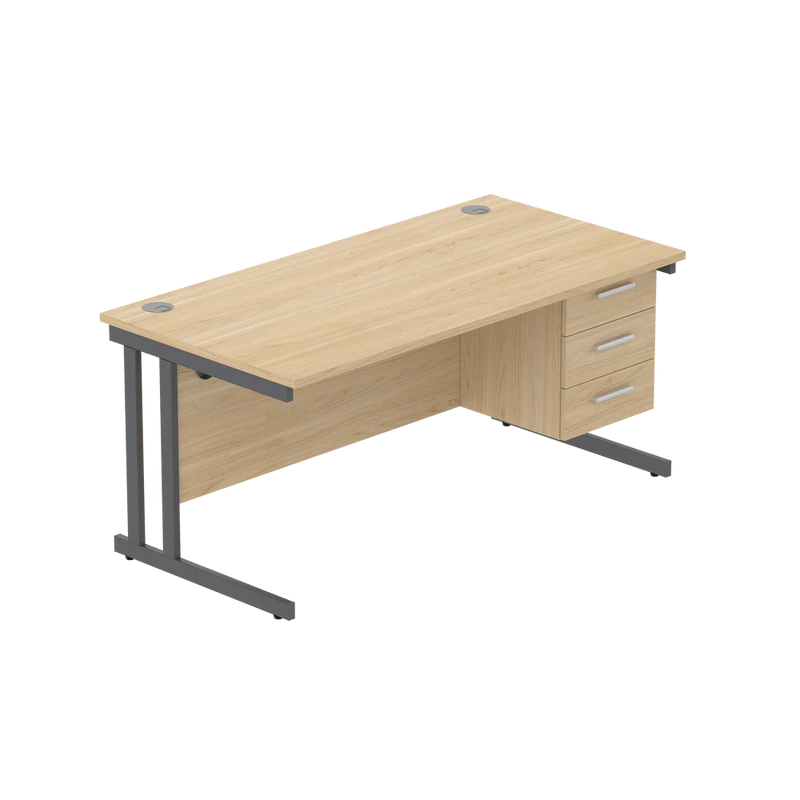 Rectangular Desk + 3 Drawer Fixed Pedestal, 1600 X 800 Canadian Oak Graphite Learning SPACE