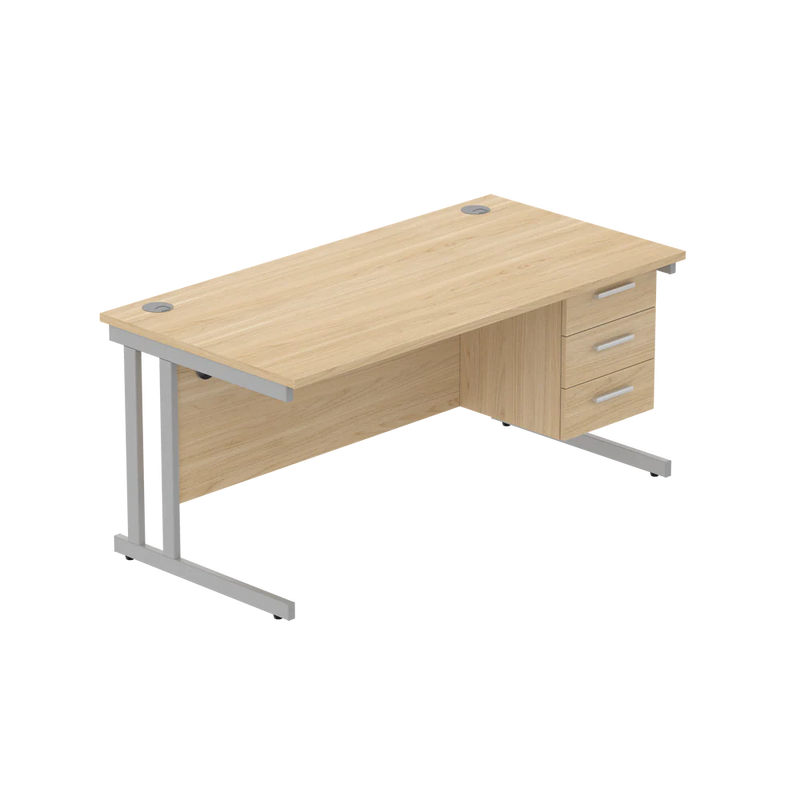 Rectangular Desk + 3 Drawer Fixed Pedestal, 1600 X 800 Canadian Oak Silver Learning SPACE