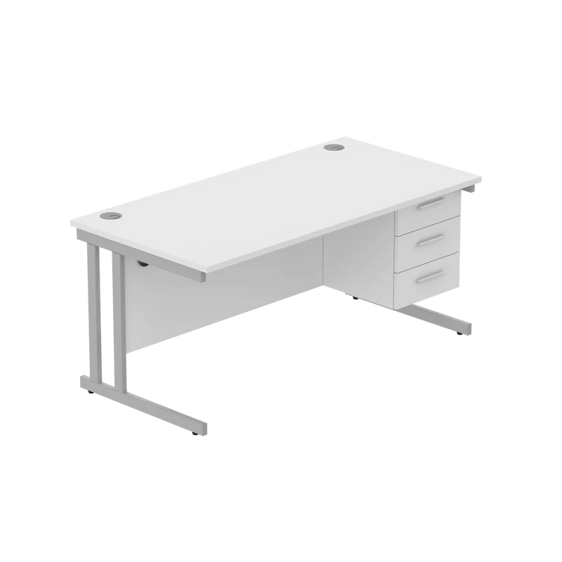 Rectangular Desk + 3 Drawer Fixed Pedestal, 1600 X 800 Arctic White Silver Learning SPACE
