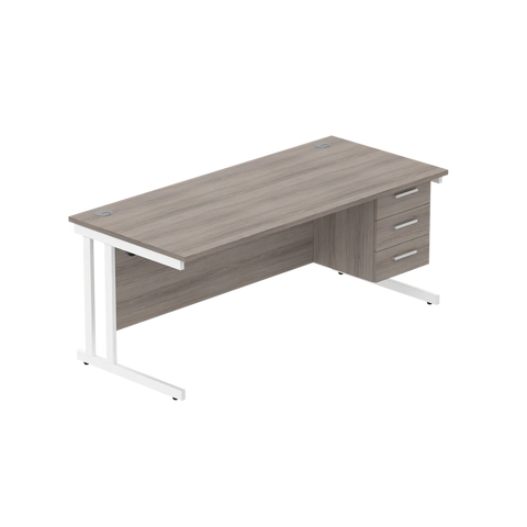 Rectangular Desk + 3 Drawer Fixed Pedestal, 1800 X 800 Alaskan Grey Oak White Learning SPACE