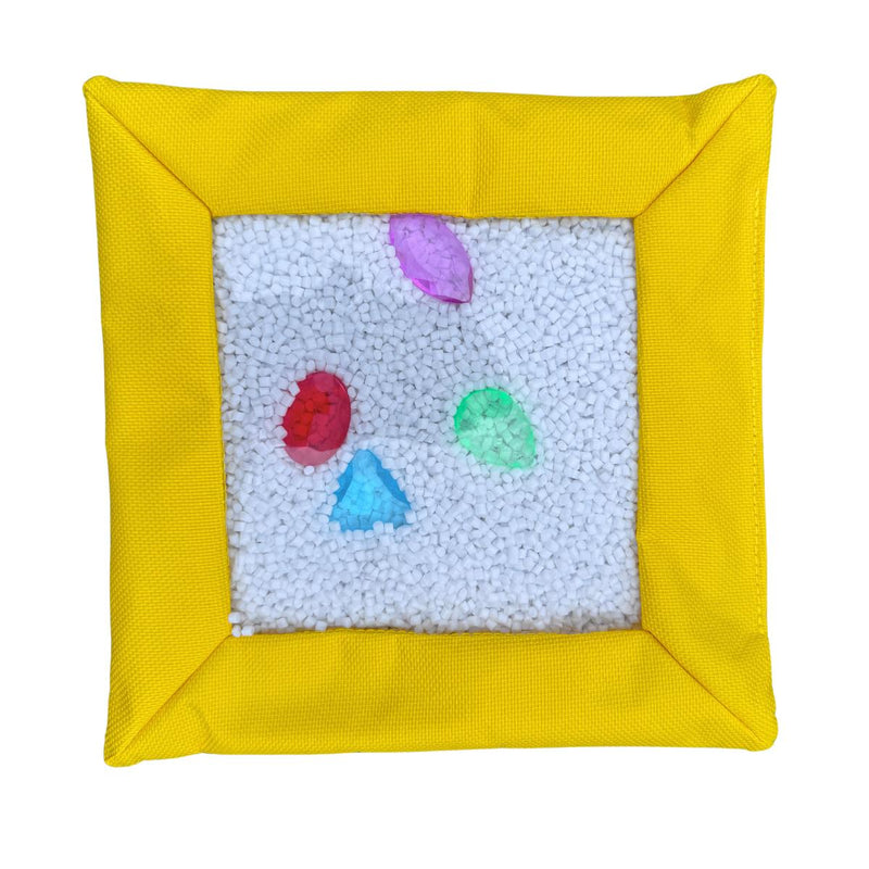 Yellow Sensory Touch and Search Bag with colourful shapes among white filling