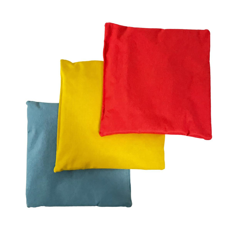Fabric backs of the blue, yellow and red Sensory Touch and Search Bags