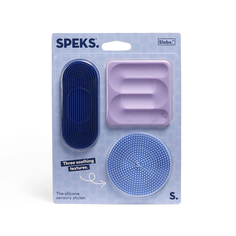 Speks Slabs Blue 3 Pack packaging containing three textured silicone sensory stickers in different shapes
