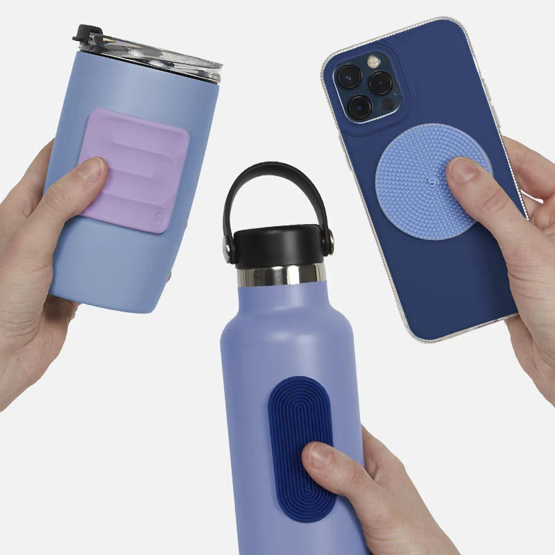 Speks Slabs sensory stickers attached to a tumbler, phone and water bottle
