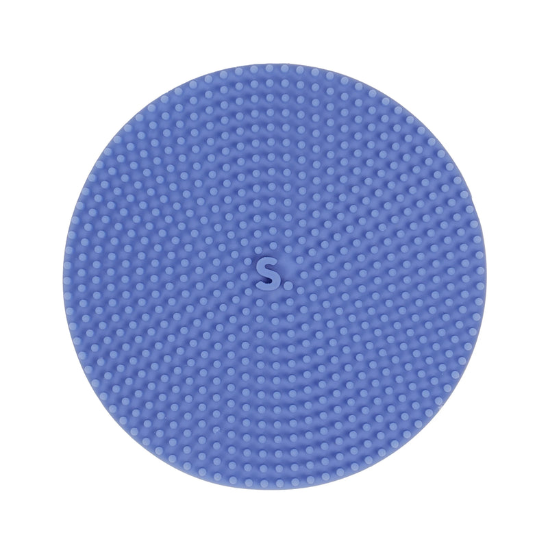 Close-up of a blue dotted Speks Slabs silicone sensory sticker on a white background
