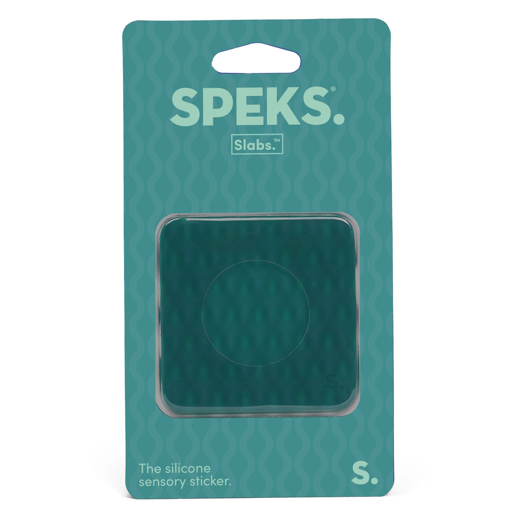 Speks Slabs silicone sensory sticker in Mesh Green, shown in its teal SPEKS retail packaging
