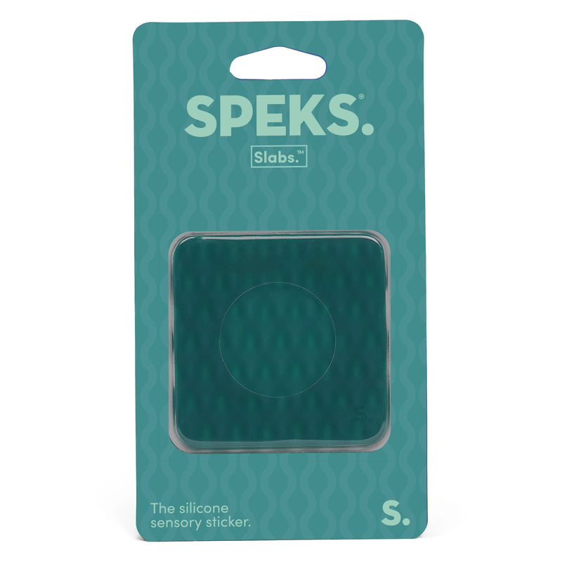 Speks Slabs silicone sensory sticker in Mesh Green, shown in its teal SPEKS retail packaging
