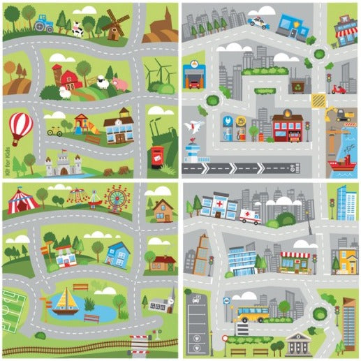 Small World Road Map Indoor/Outdoor Carpet Set of 4-Kit For Kids, Mats & Rugs, Rugs, Small World, Square, Wellbeing Furniture-Set 1-Learning SPACE