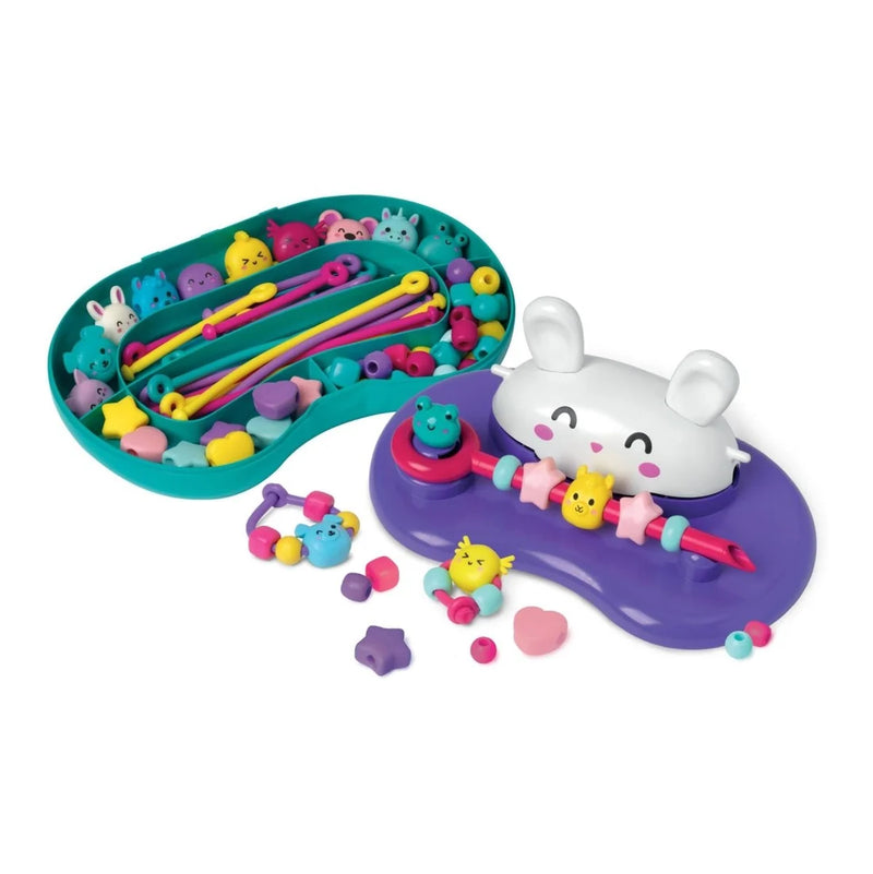Children's crafting game with colorful toys and a smiling rabbit on a white background