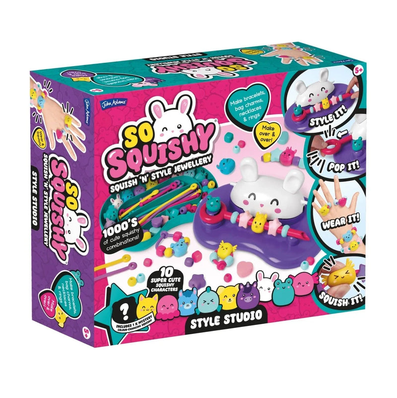 Box of So Squishy Squish 'n' Style Jewellery toy set with colorful design and character illustrations.