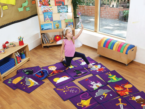 Storytime 32 Interactive Carpet Tiles with holdall-Classroom Packs, Kit For Kids, Mats, Mats & Rugs, Rugs, Sit Mats, Square, Wellbeing Furniture-Learning SPACE