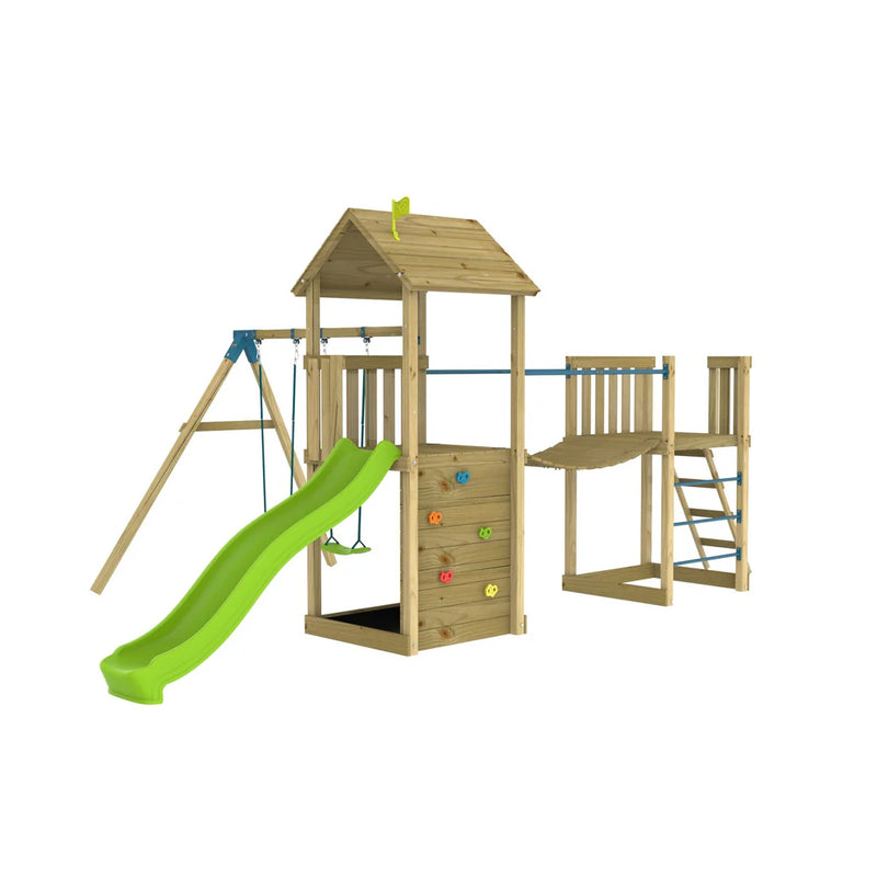 TP Skywood Wooden Climbing Frame (UK Mainland Only), Mini Tower & Skybridge Double Swing & Slide Learning SPACE