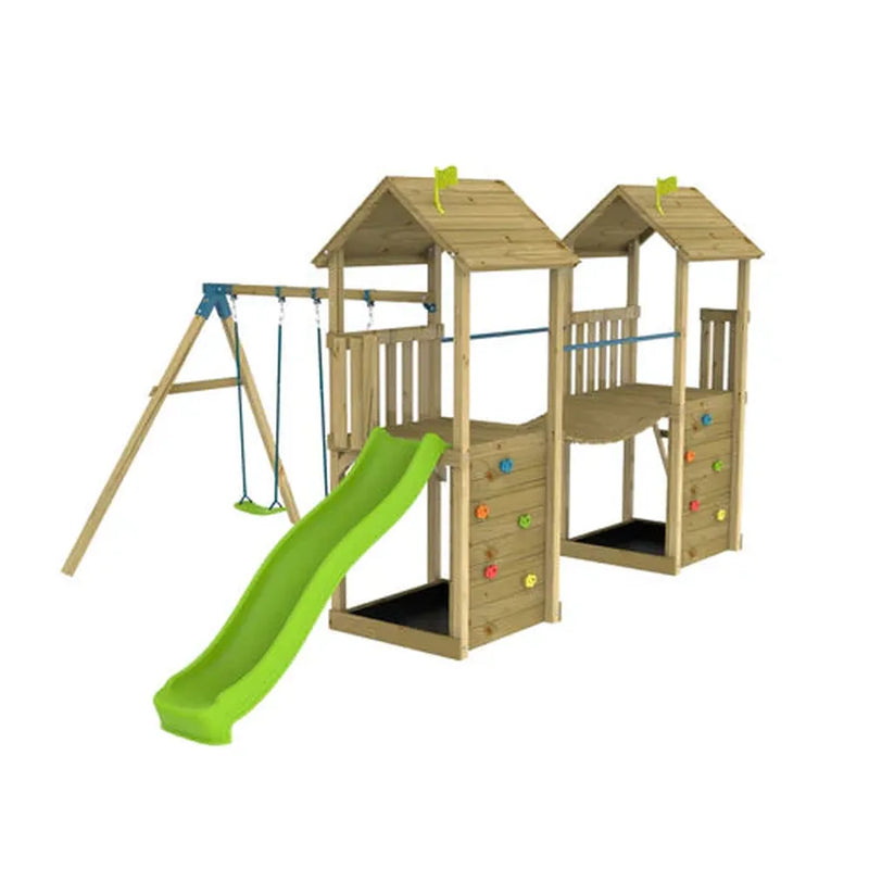 TP Skywood Wooden Climbing Frame (UK Mainland Only), Two Towers With Sky Bridge & Double Swing & Slide Learning SPACE