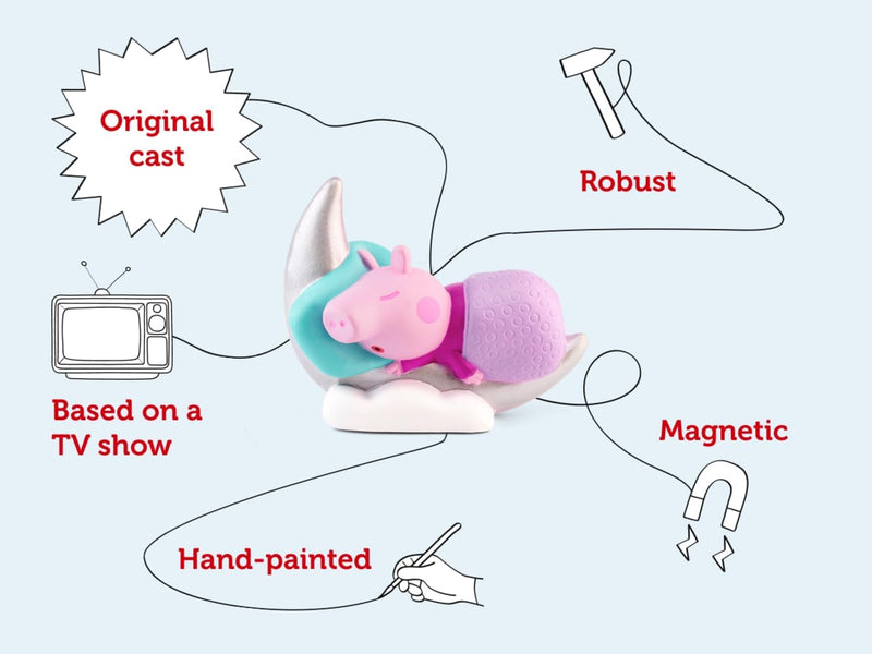 Peppa’s Bedtime Stories features graphic highlighting the original cast, magnetic base and hand-painted figur