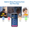 A promotional graphic for a smart sleep device app, showing a smartphone in the center with a sleep timer interface and four small colorful sleep machines below it. Text at the top reads 'Built-in Sleep Programs from Our Free App,' and the side panels show example sleep schedules and a child sleeping peacefully.