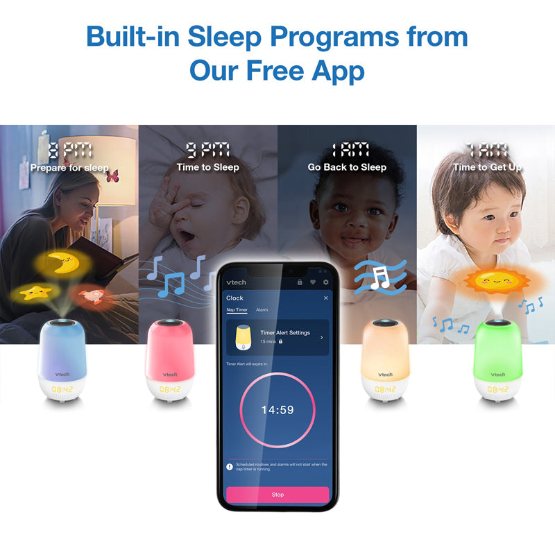 A promotional graphic for a smart sleep device app, showing a smartphone in the center with a sleep timer interface and four small colorful sleep machines below it. Text at the top reads 'Built-in Sleep Programs from Our Free App,' and the side panels show example sleep schedules and a child sleeping peacefully.