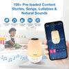 VTech V-Hush Lite beside its app with preloaded stories and music and options for personal voice recordings.
