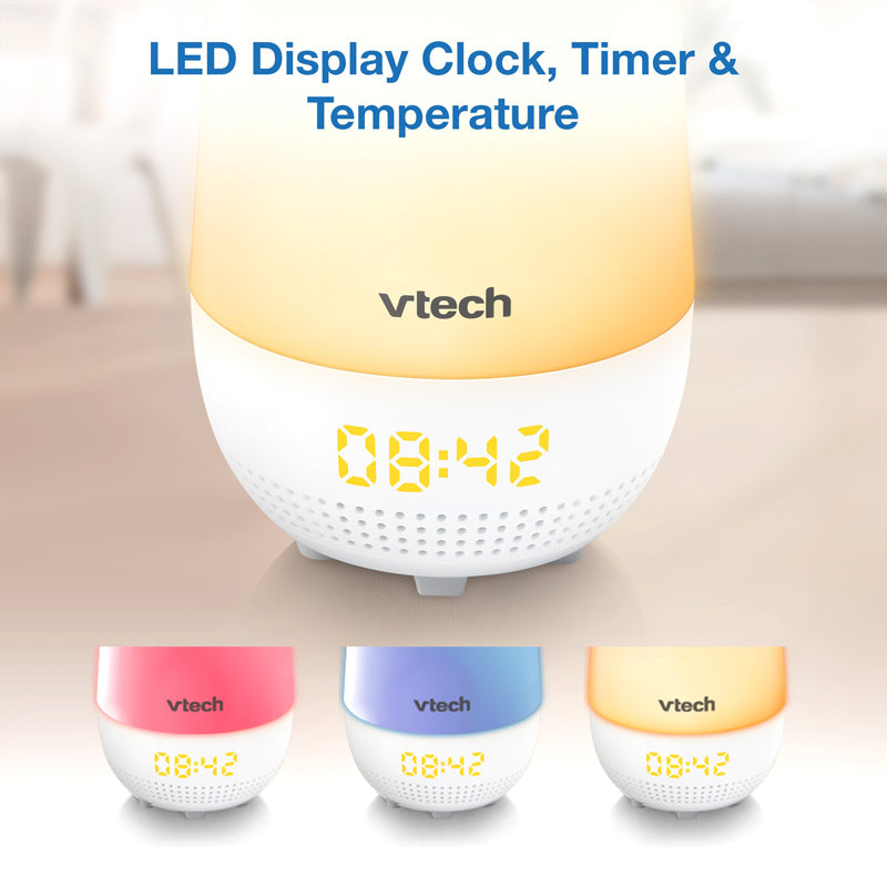 A white Vtech LED display clock and timer with a glowing warm yellow-orange light, shown prominently with smaller color variants along the bottom. The clock features a digital LED time display reading 08:42.