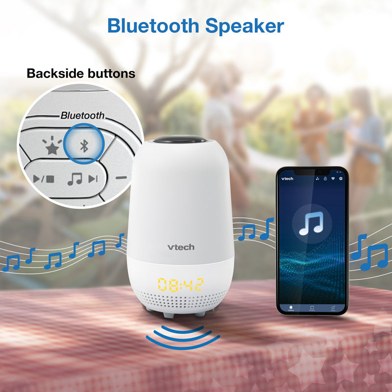A white Vtech Bluetooth speaker shown on a table with a smartphone beside it, plus overlaid graphics explaining Bluetooth connectivity and backside buttons. The background is a softly blurred outdoor scene with people.