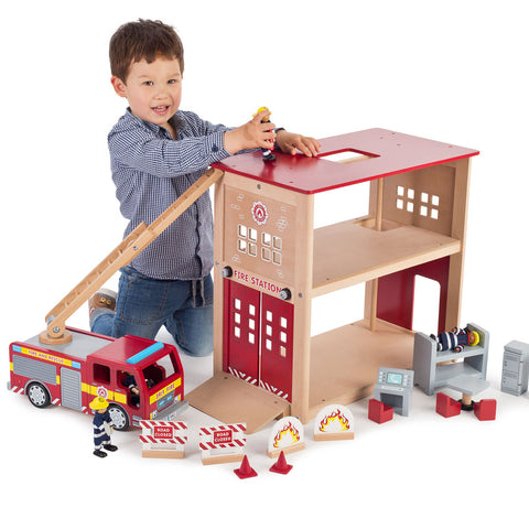 Wooden Fire Station Toy-Bigjigs Toys,Dropship,Fire. Police & Hospital,Pretend play,Wooden Toys-Learning SPACE