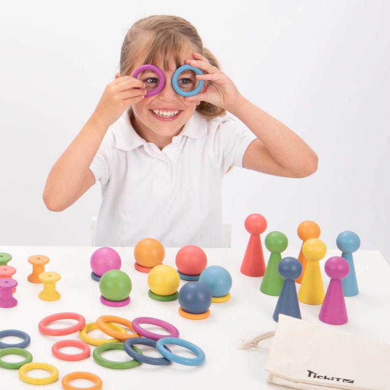 Rainbow Wooden Rings - Pk21, Learning SPACE