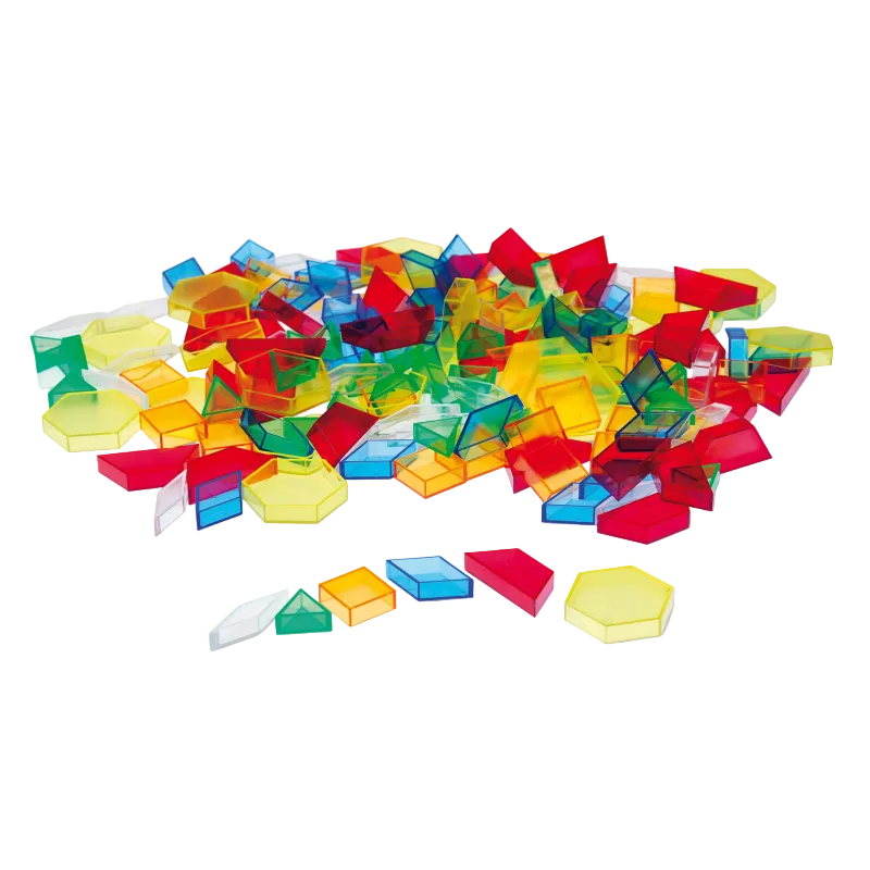 Colorful transparent geometric building blocks scattered on a white background