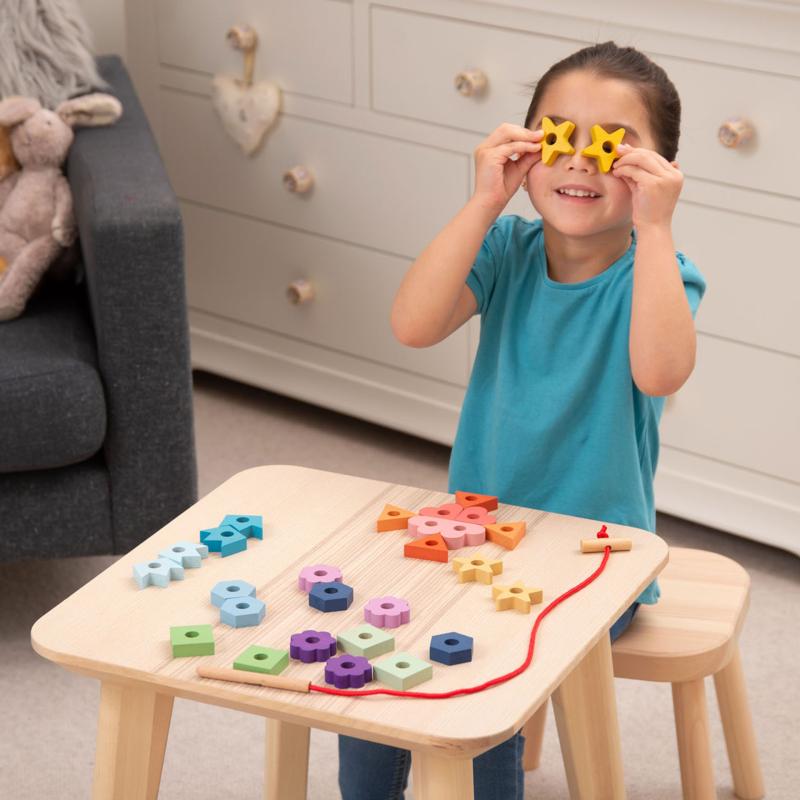 Rainbow Wooden Lacing Shapes - 28 pieces + 1 lace, Learning SPACE