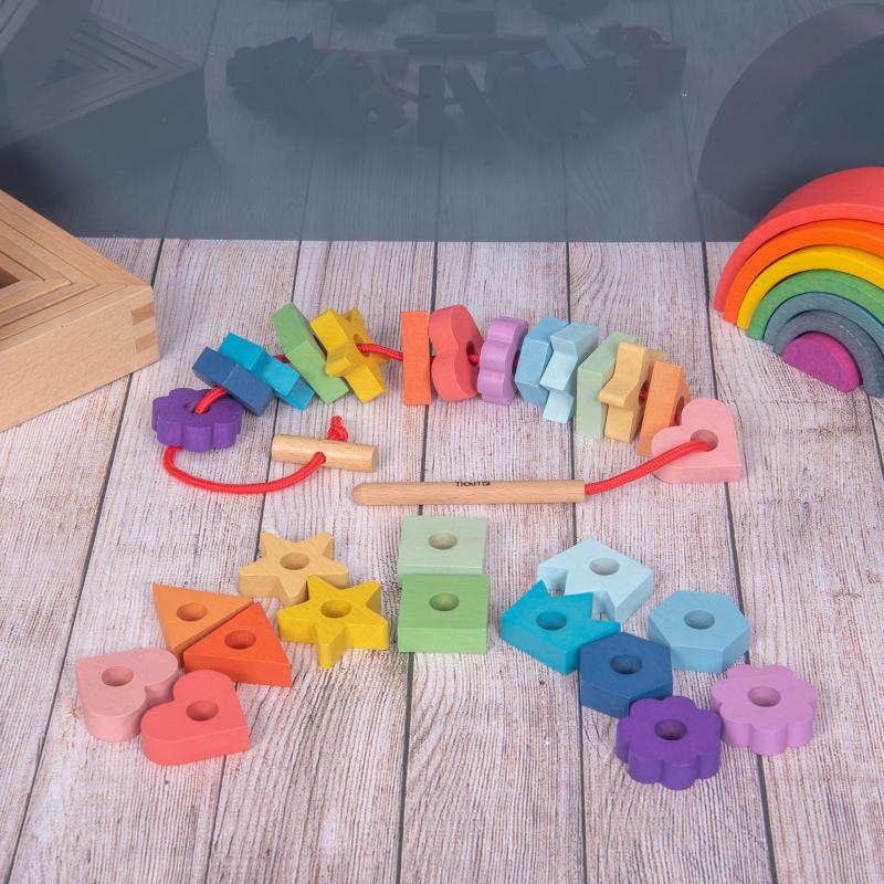 Rainbow Wooden Lacing Shapes - 28 pieces + 1 lace, Learning SPACE